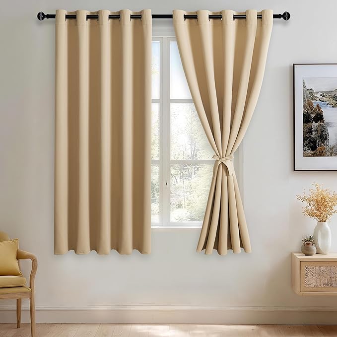 JIUZHEN Beige Blackout Curtains with Tiebacks - Thermal Insulated, Light Blocking and Noise Reducing Grommet Curtains for Bedroom and Living Room, Set of 2 Window Curtain Panels, 60 x 63 Inch Length