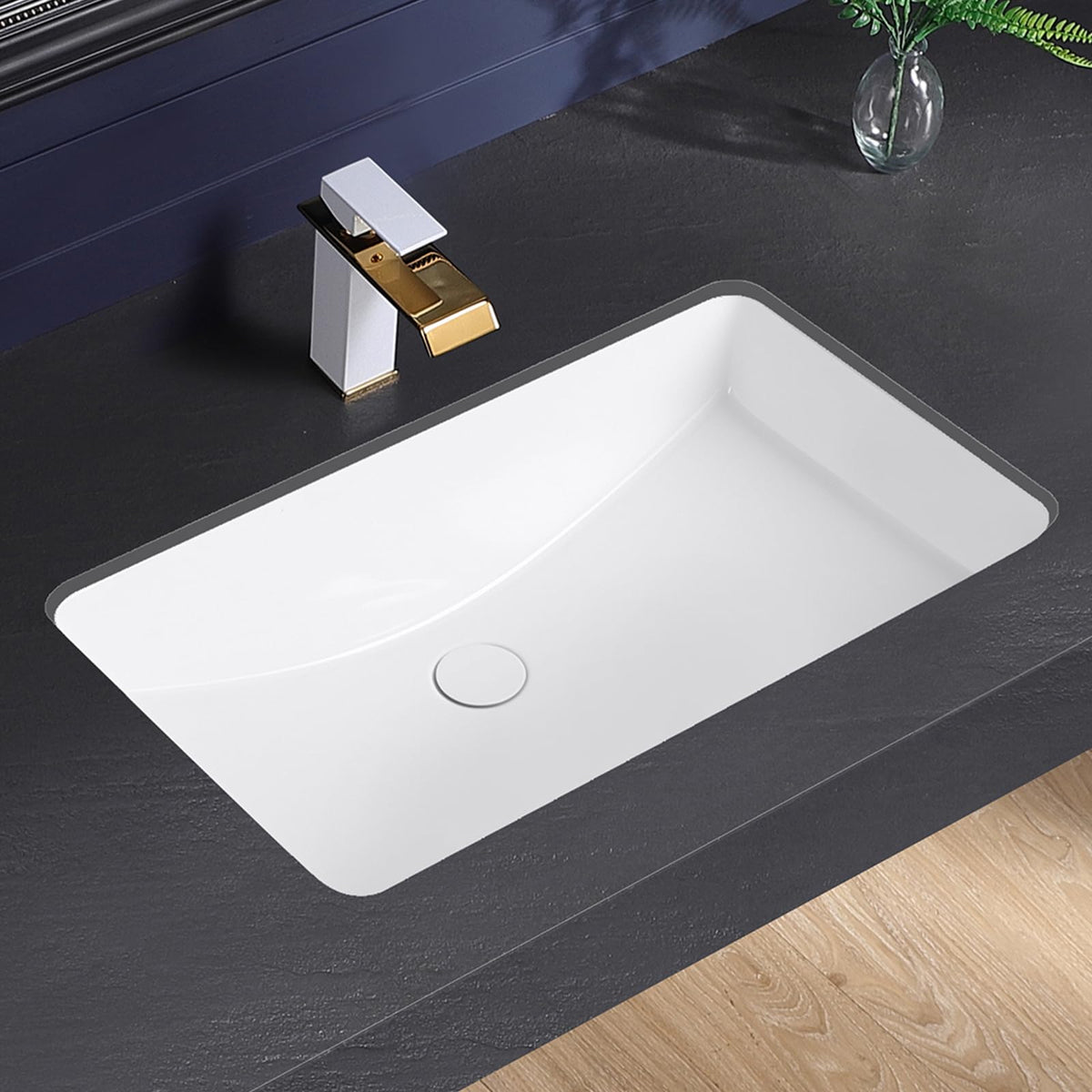 KMOEM Undermount Bathroom Sink 27x17 Inch Small Bathroom Sink White Porcelain Ceramic Bathroom Under Counter Lavatory Vanity Sink Basin Rectangular Undermount Sinks with Overflow