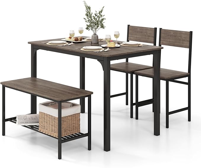 COSTWAY Dining Table Set for 4, Rectangular Kitchen Table Set with Bench and 2 Chairs, Storage Rack & Metal Frame, 4-Piece Dining Room Table and Chairs Set for Small Space, Apartment (Grey)