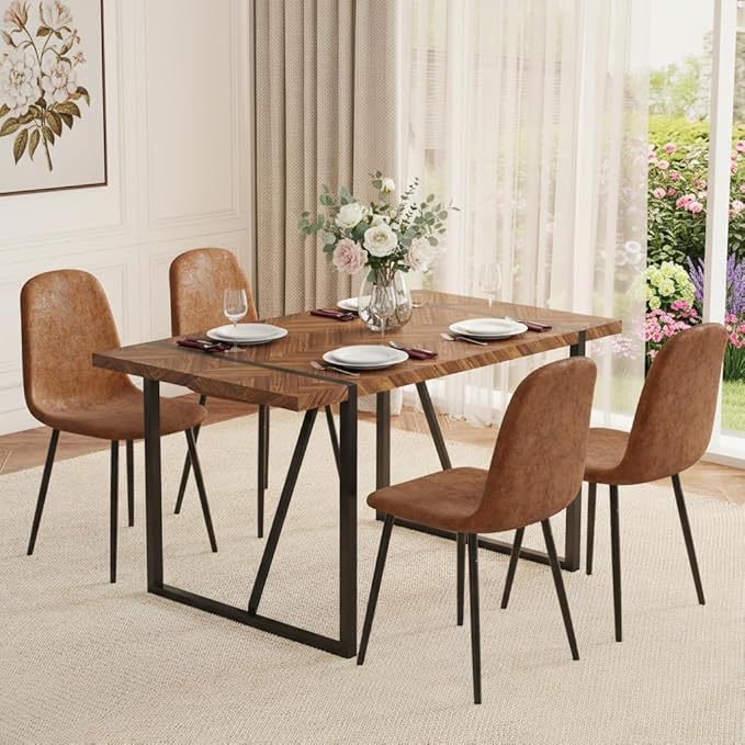 FURNITO 55" Dining Room Table Set for 4, Mid Century Modern Dining Table Set with Upholstered Chairs, Rustic Dark Wood Kitchen Table and Chairs Set for Living Room, Space-Saving & Easy Assembly