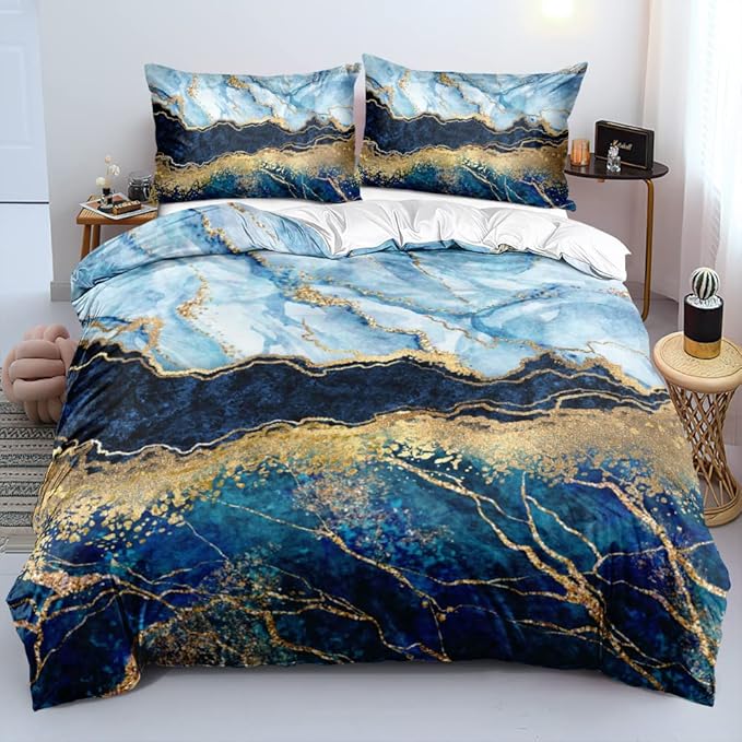 Royal Blue Marble Duvet Cover Set Queen Size Sequin Gold Bedding Comforter Covers with 2 Pillow Shams Breathable Durable Soft Comfy