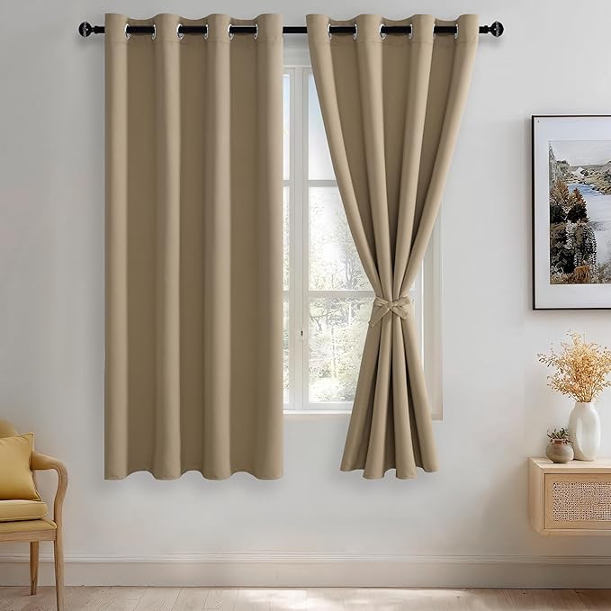 JIUZHEN Blackout Curtains with Tiebacks - Thermal Insulated, Light Blocking and Noise Reducing Grommet Curtains for Bedroom and Living Room, Set of 2 Window Curtain Panels, 52 x 63 Inch Length，Camel