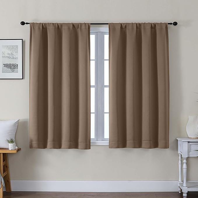 Gwine Blackout Curtains for Bedroom 45 Inch Length, Thermal Insulated Room Darkening Short Curtains, Rod Pocket Drapes for Bathroom Basement Patio Cabinet, Each 40" Wx45 L, Brown