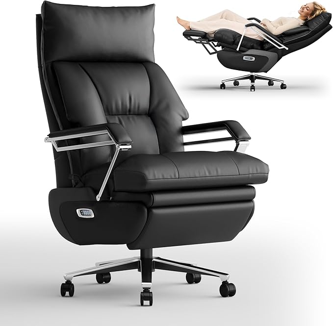 M80A Dual Motor Electric Executive Office Chair with Footrest, Comfortable Reclining Office Chair Wide Seat, Big and Tall Ergonomic Leather Home Office Desk Chair (Black,Multi-Functionality)