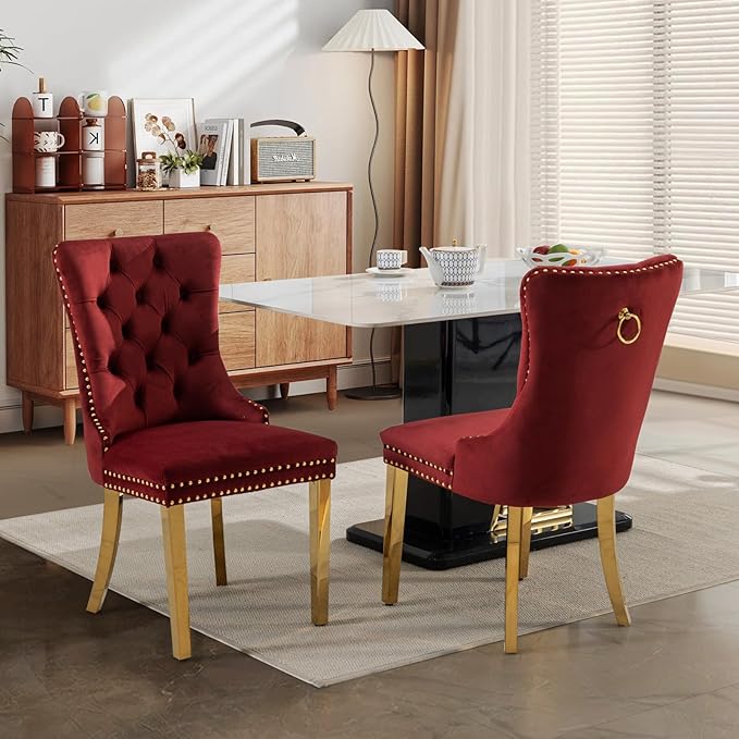 SoarFlash Velvet Dining Chairs Set of 2, Tall Back Side Chair, Modern Upholstered Side Chair with Button Back Ring, Gold Plated Stainless Steel Legs (Red)