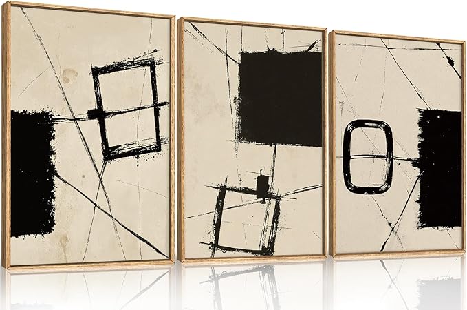 HOURIA Nordic Abstract Black & Beige Brush Stroke Framed Canvas Wall Art Set,Minimalist Geometric Grunge Line Shapes Ink Sketch Decor,Neutral Modern Drawing Artwork for Living Room,Farmhouse-16"x24"x3