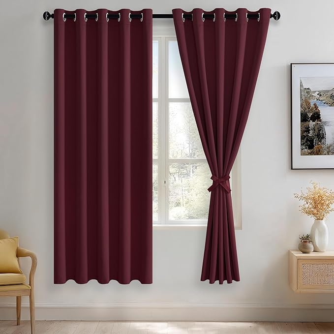 JIUZHEN Burgundy Blackout Curtains with Tiebacks Thermal Insulated, Light Blocking and Noise Reducing Grommet Curtains for Bedroom and Living Room, Set of 2 Window Curtain Panels, 60 x 72 Inch Length