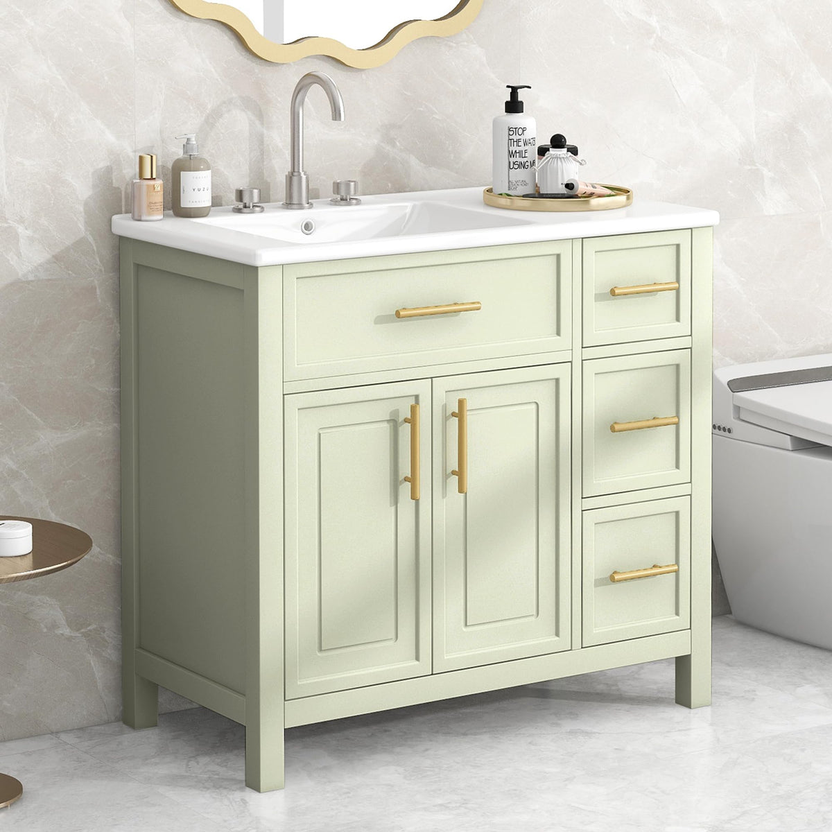 LUMISOL 36" Bathroom Vanity with Offset Sink, Freestanding Bathroom Sink Cabinet with 3 Drawers & 2 Doors, Solid Wood Bathroom Vanity with Offset Ceramic Sink, Green White