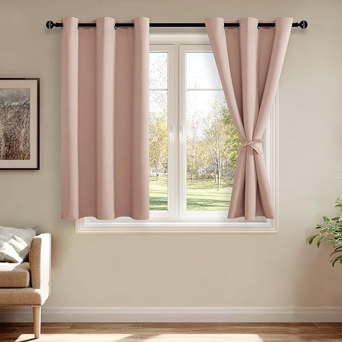 JIUZHEN Blackout Curtains with Tiebacks - Thermal Insulated, Light Blocking and Noise Reducing Grommet Curtain Drapes for Bedroom and Living Room, Set of 2 Panels, 42 x 54 Inch Length, Blush Pink