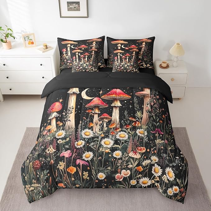 Feelyou Gothic Nature Kids Comforter Set 7pcs, Boho Butterfly Moth Flower Bed Set King for Boys Girl, Boho Moon Bedding with 1 Comforter,1 Fitted Sheet,1 Flat Sheet,2 Pillowcases,2 Throw Pillow Cover