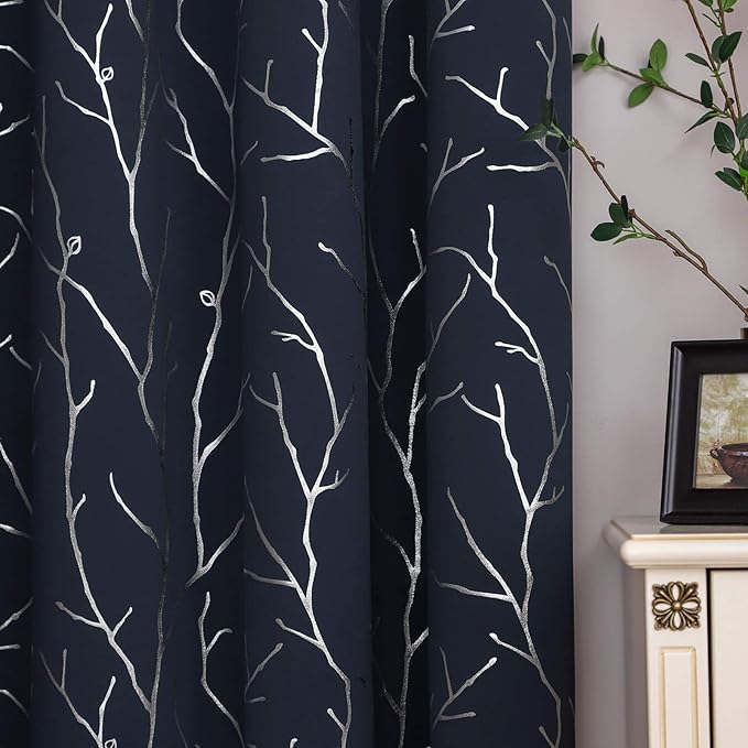 BUHUA Thermal Insulated Curtains Blackout Grommet Thermal Insulated Shinny Tree Branches Print Curtain for Bedroom, Navy Blue, 52W x 54L, Set of 2 Panels