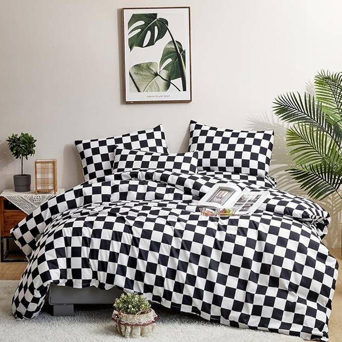 CLOTHKNOW Black White Plaid Full Size Comforter Sets 3Pcs Grid Bedding Comforter Sets Black White Comforter Soft Checkered Comforter with 2 x Pillow Cases