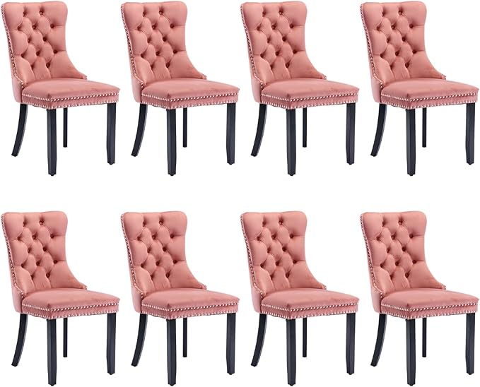 SoarFlash Velvet Dining Chair Set of 8, Upholstered Tufted Dining Room Chair with Nailhead Trim and Solid Wood Leg for Kitchen (Pink)