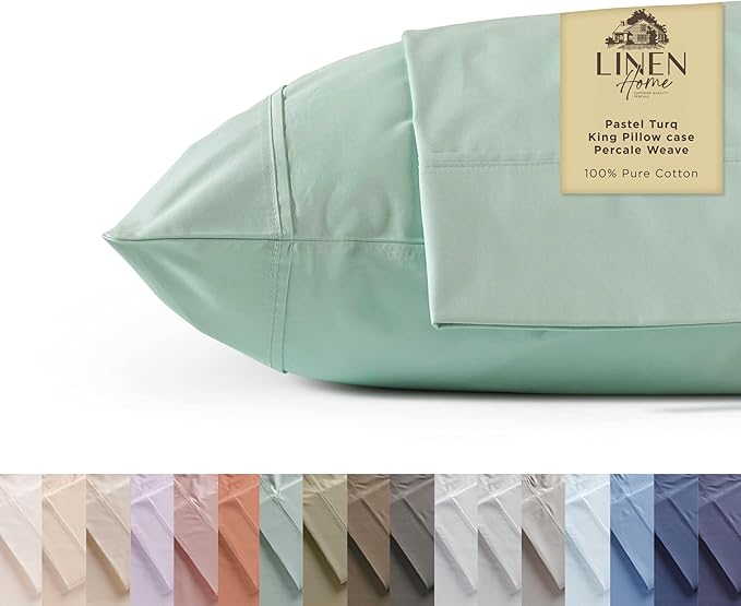 Linen Home 100% Cotton Percale Pillowcases King Size, Pastel Turk, 2 Pieces of Pillow Case, Crisp and Cool Strong Bed Linen, 20 inches X 40 inches