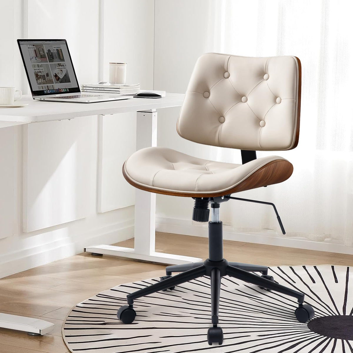 BV Armless Desk Chair with Wheels, 360 Swivel Home Office Chair No Arms, Height Adjustable Task Chair for Small Space, PU Leather Office Chair, Rolling Chair for Reading Room, Conference Room, Beige