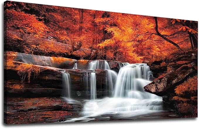 Large Canvas Wall Art Waterfall Autumn Forest Canvas Picture Stream River Landscape Red Tree Modern Canvas Artwork Contemporary Nature Picture Living Room Bedroom Home Office Wall Decor 24" x 48"
