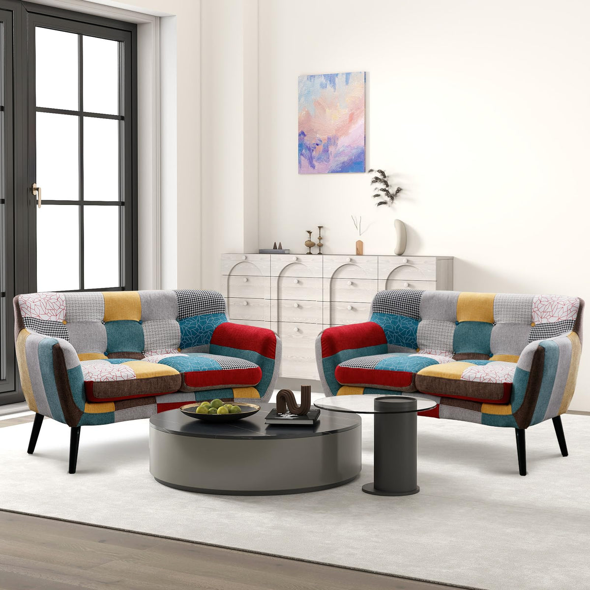 Bonzy Home Modern Boho Loveseat Couch Sofa Chair Set of 2 for Living Room Bedroom, Upholstered Colorful Plaid Fabric 2-Seat Love Seat Sofa with Wood Leg for Small Space