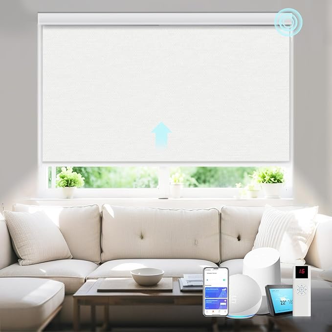 Motorized Blinds with Remote Smart Blackout Shades Electric Curtains Automatic Roller Blinds Shades for Indoor Windows Cordless with Alexa Google Home(Blackout Cream White,W49.5X H62)