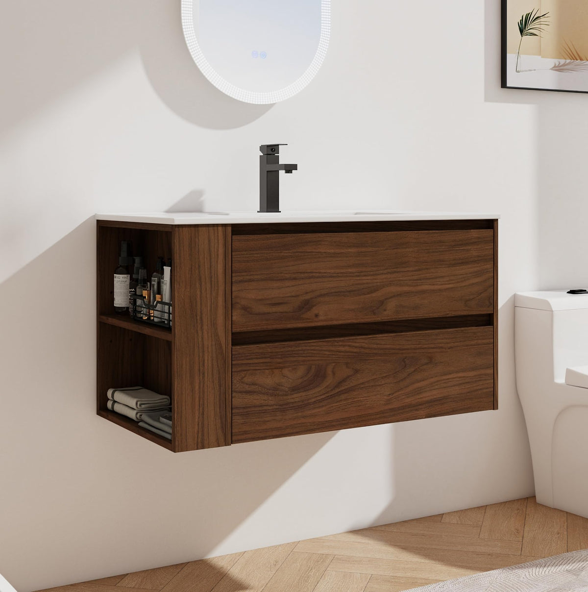 Henf 36inch Wall Mounted Bathroom Vanity with Ceramic Sink, Modern Floating Wood Bathroom Vanity Cabinet with 2 Soft Close Drawers & Open Storage Shelf, Bathroom Sink Vanity with Sink Combo Set,Brown
