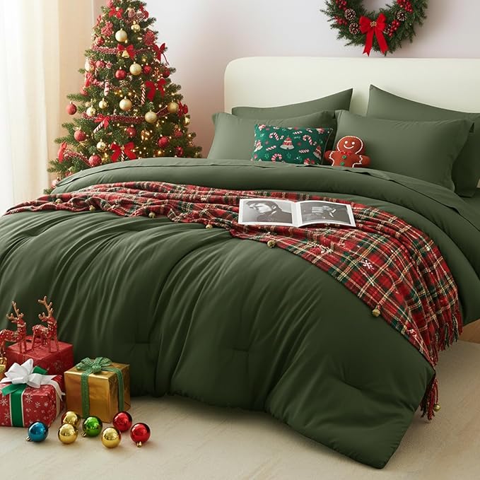 CozyLux King Size Comforter Set Olive Green, 7 Pieces Bed in a Bag King Comforter Set with Sheets, Bedding Set with Down Alternative Comforter, Fitted Sheets, Flat Sheets, Pillow Shams and Pillowcases