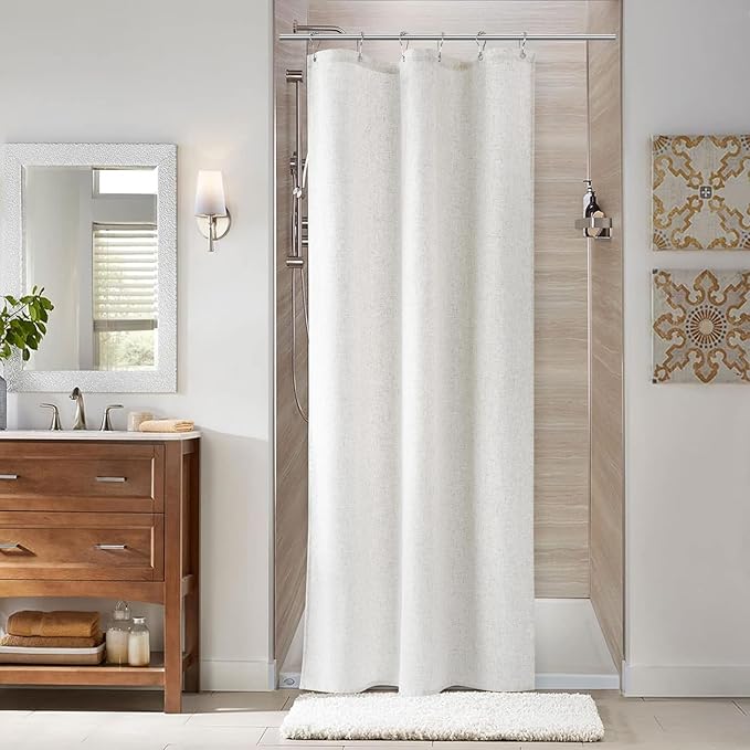 Naturoom 36 Inch Shower Curtain - Stall Narrow Half Linen Ultra Thick Fabric Shower Curtain Set with Hooks, Boho Farmhouse Rustic RV Camper Bath Curtains for Bathroom, Beige White, 36x72