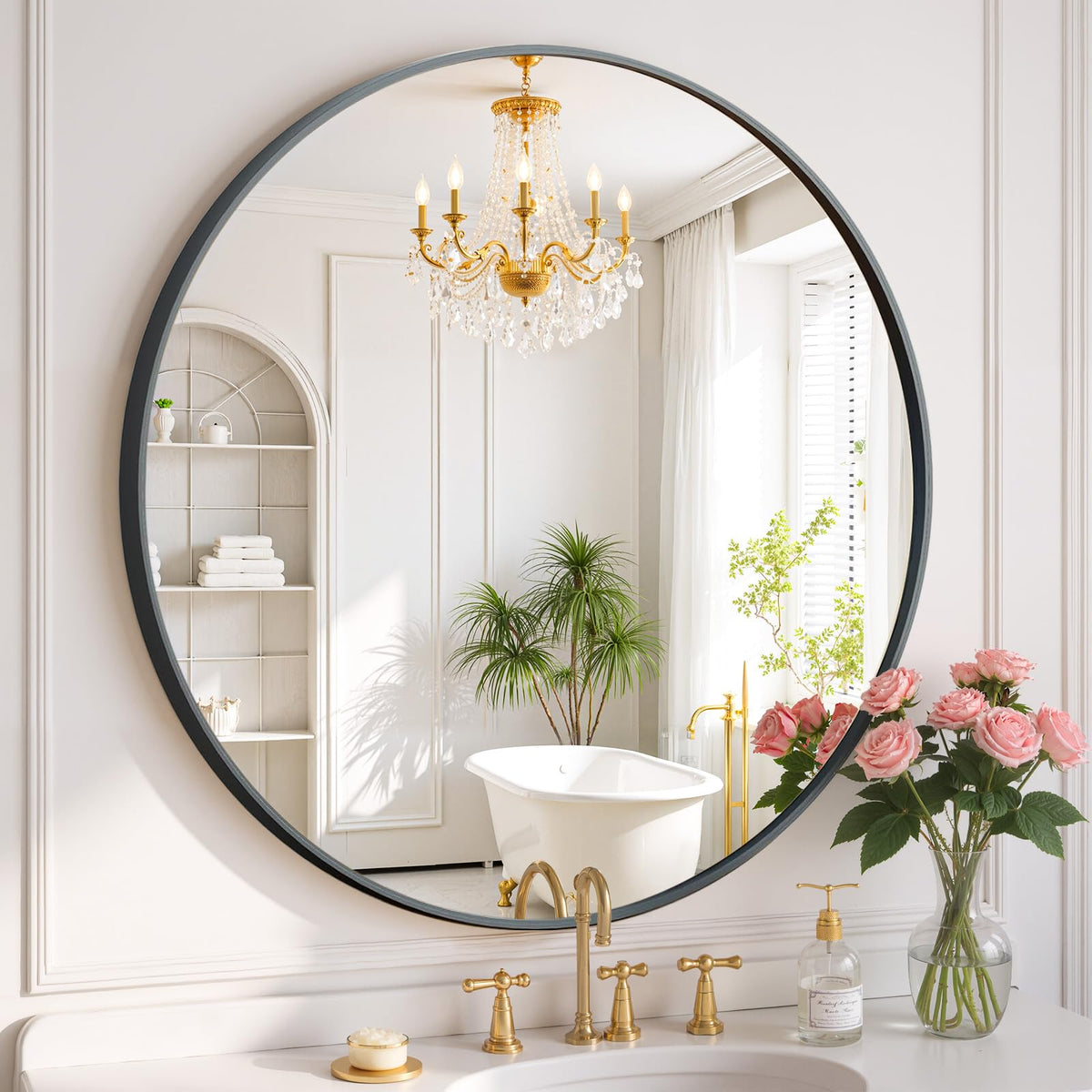 Round Wall Mirror 30 Inch Black Vanity Mirror with Metal Frame