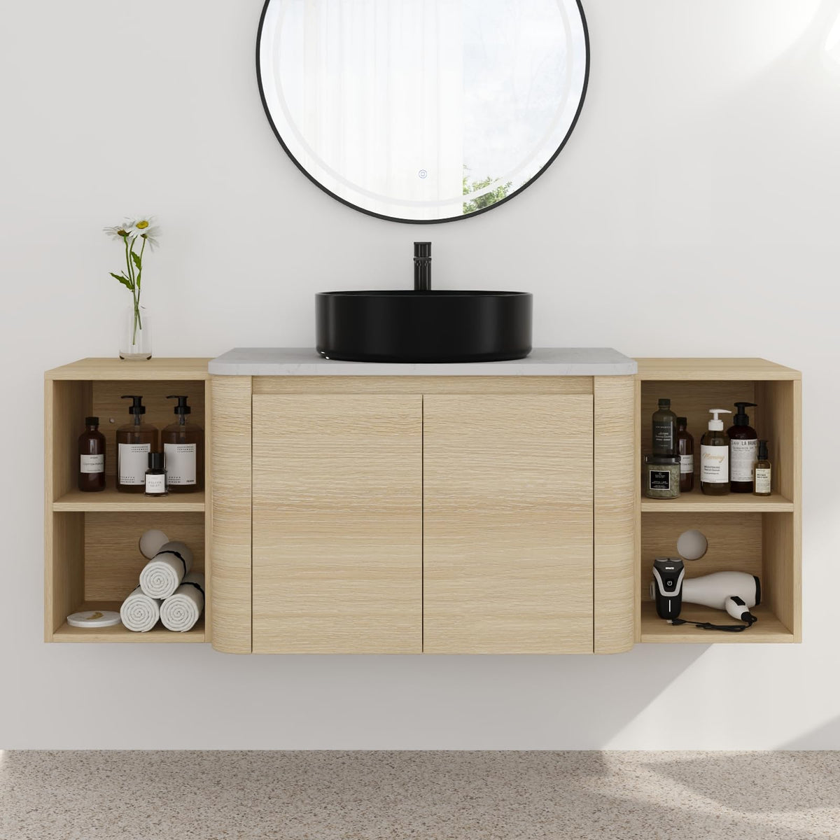 54" Floating Bathroom Vanity with Vessel Sink Modern Bathroom Sink Cabinet Combo with Open Shelf, Brown Wall Mounted Storage Cabinet Set with Black Ceramic Basin