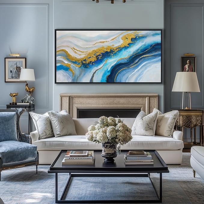 Blue Modern Gold Wall Art for Living Room - Abstract Canvas Wall Art, Office Wall Decor, Above Bed Wall Decor, Large Pictures for Bedroom Framed Artwork for Walls 24×48IN