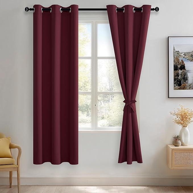 JIUZHEN Burgundy Blackout Curtains for Bedroom - Light Blocking and Noise Reducing Grommet Curtains for Living Room Darkening Curtains, Set of 2 Window Curtain Panels, 38 x 72 Inch Length
