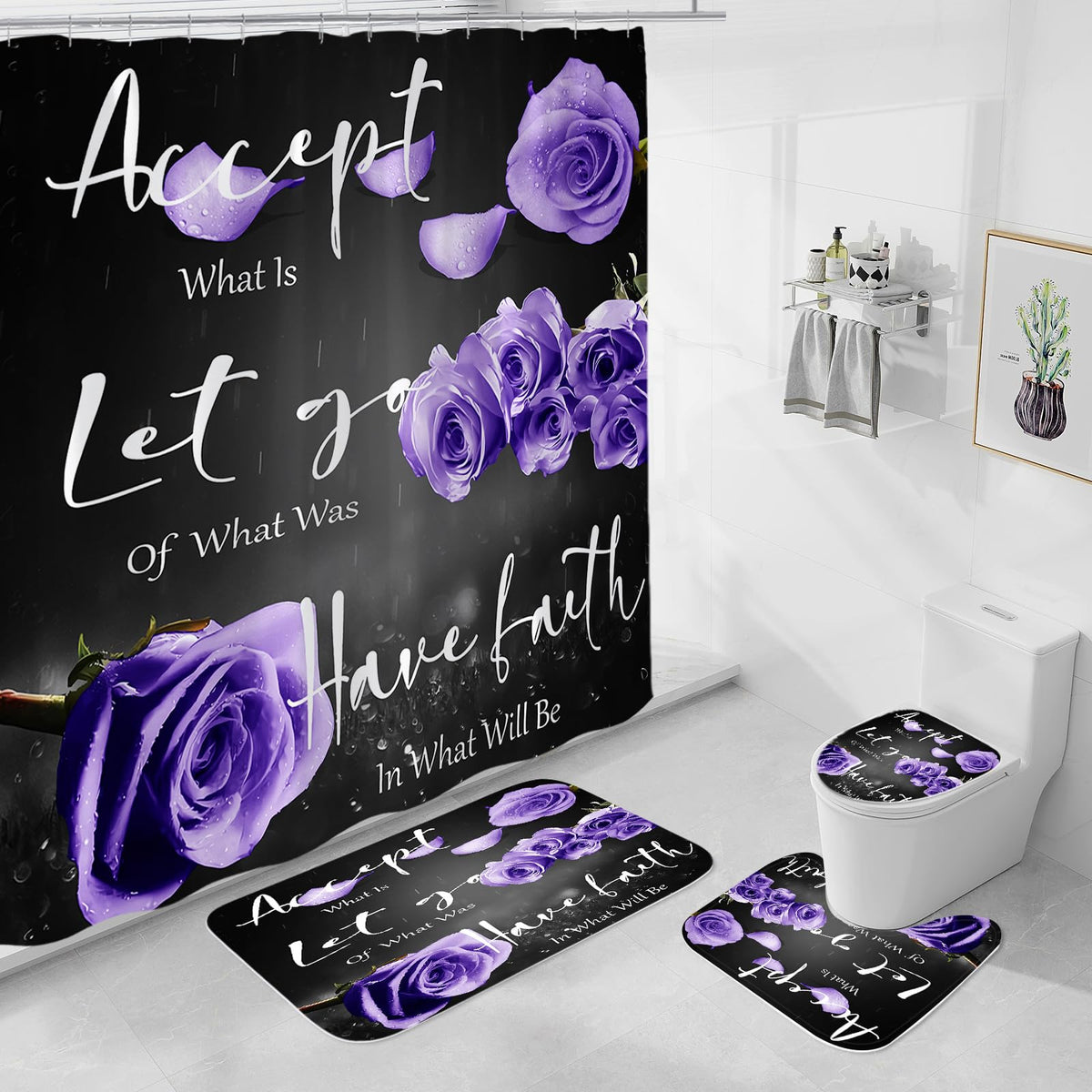 4 Pcs Lavender Rose Shower Curtain Sets with Non-Slip Rug, Toilet Lid Cover and Bath Mat, Thankful Blessed Black Purple Retro Elegant Shower Curtain Valentine's Day Bathroom Set(Hooks Not Included)