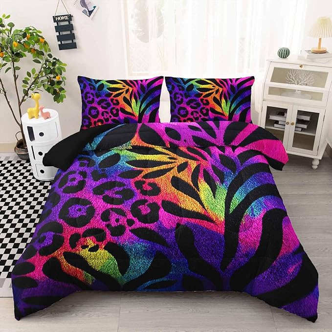 AILONEN Rainbow Leopard Print Comforter Set Full Size,Tropical Leaves Print Boho Bedding Set for Room,3Pcs,1 Duvet with 2 Pillowcases