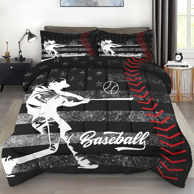 Comforter Set King Size, Baseball American Flag Soft 3 Pcs Bedding for Kids and Adults America Athlete Sport Comforter Set with 2 Pillowcases for Bedroom Bed Decor