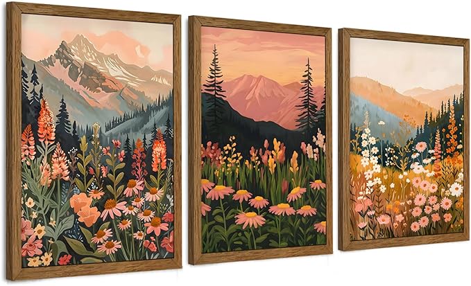 InspiredHues Colorful Landscape Boho Canvas Wall Art Set, 3 Piece Wildflower Mountain Wall Decor, Vintage Floral Rustic Nature Artwork Prints for Living Room Bedroom Office 12x16 Inch Wood Framed