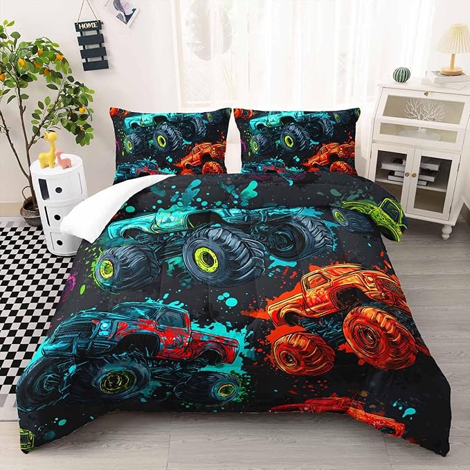 AILONEN Monster Truck Print Comforter Set Twin Size,Cartoon Trucks Bedding Sets for Kids Teens Boys,Cool Graffiti Duvet Set,3-Piece, 1 Quilt and 2 Pillowcases,Soft Microfiber