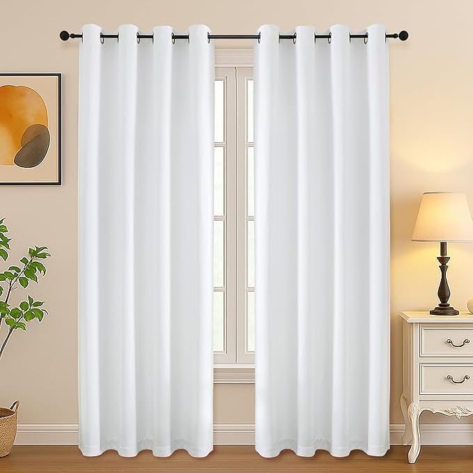 Simplebrand Pure White Curtains for Bedroom Living Room 72 Inches Long 2 Panels Set, Light Filtering Thermal Insulated Curtains & Drapes, Solid Grommet Noise Reducing Window Treatment, W50 x L72 Inch