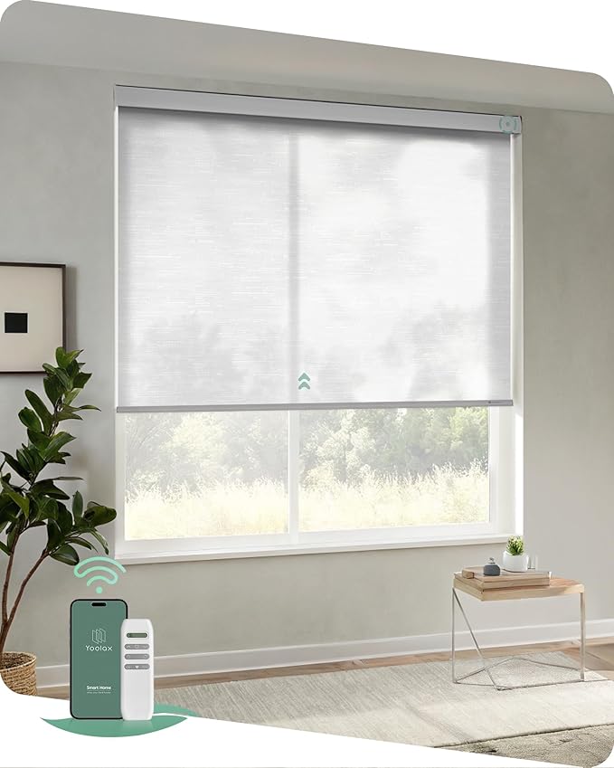 Yoolax Motorized Blinds with Remote, Light Filtering Remote Shades for Windows, Automatic Roller Shades Cordless Electric Blinds for Bedroom Living Room Office, Custom Size (Jacquard White)