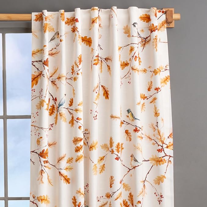 Maison d' Hermine Curtains for Living Room 100% Cotton 96 inch Length One Panel Light Filtering Curtains for Bedroom Windows with Rod and Loop Pockets Drapes (Oak Leaves, 50" W x 96" L)