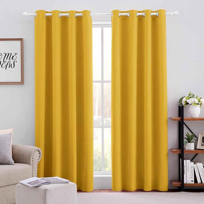 HOMEIDEAS Blackout Curtains 52 X 84 Inch 2 Panels Mustard Yellow Room Darkening Bedroom Curtains, Thermal Grommet Light Bolcking Window Curtains for Living Room