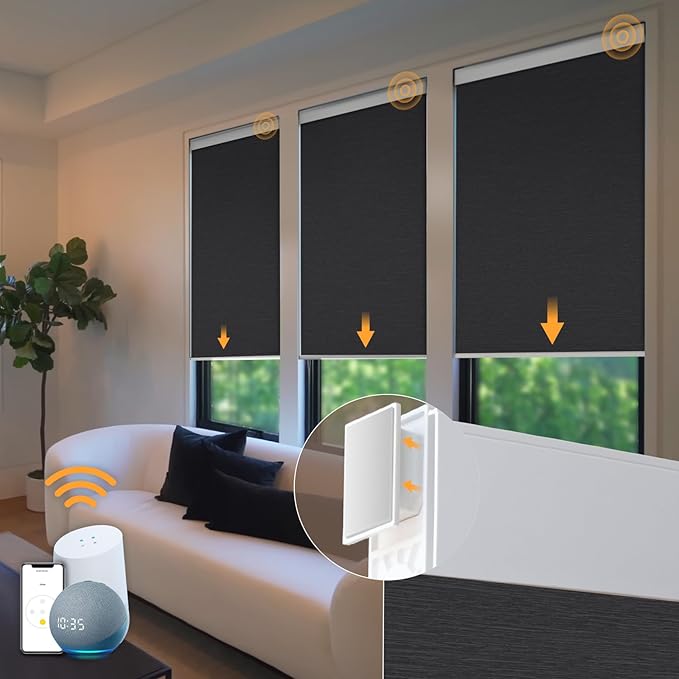 Motorized Blackout Blinds - Automatic Cordless Roller Shades with Remote Control (Black, 48 x 72)