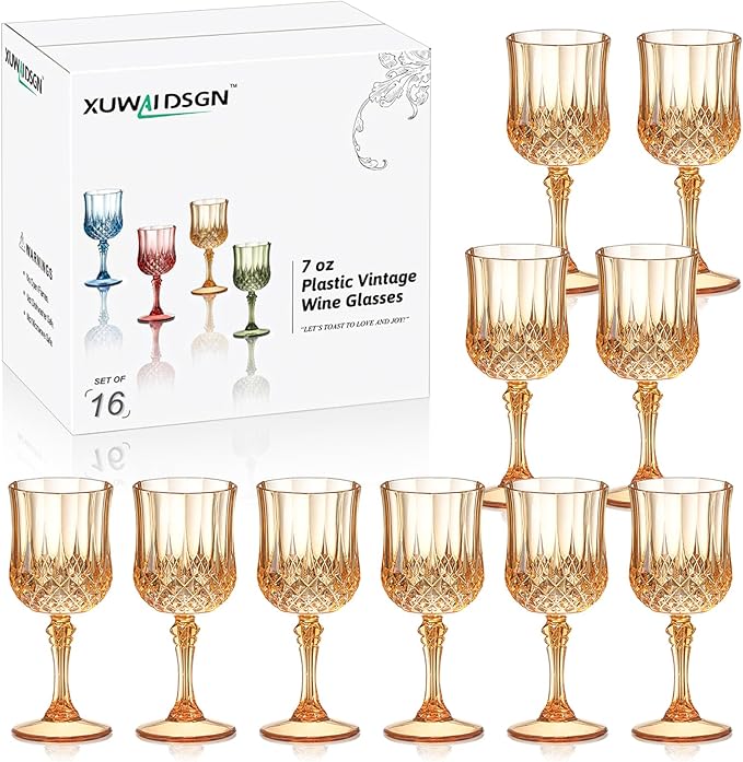 XUWAIDSGN 16 Pcs 7oz Plastic Vintage Wine Glasses Drinking Glasses Unbreakable Wedding Glassware Crystal Water Goblets Reusable Drinkware Vintage Champagne Flutes (16, Amber)