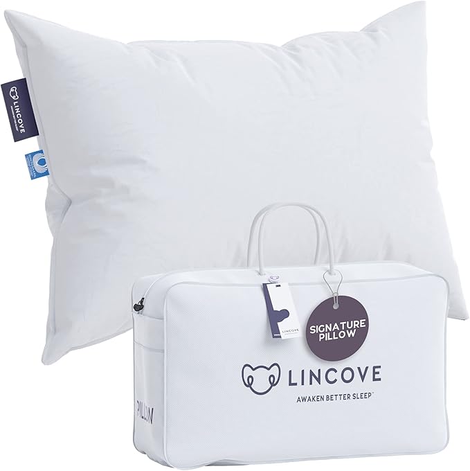 Lincove Signature 100% Natural Canadian White Down Pillow - Luxury Sleeping Pillow for Back, Stomach & Side Sleepers - 800 Fill Power Bed Pillow, 500 Thread Count, Made in Canada, King - Firm, 1 Pack