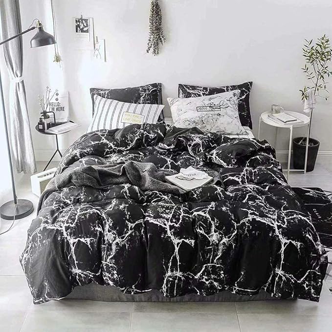 CLOTHKNOW Black California King Comforter Set Marble Bedding Comforter Sets Black White Comforter Abstract Comforter with 2 x Pillow Cases