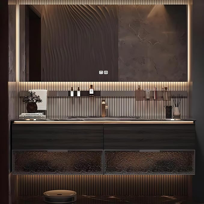Bathroom Cabinet with Sink - LED Light & Defogging Function Mirror | Large Bathroom Vanity with 2 Drawers, 2 Glass Doors & Smart Sensor Light (34'')