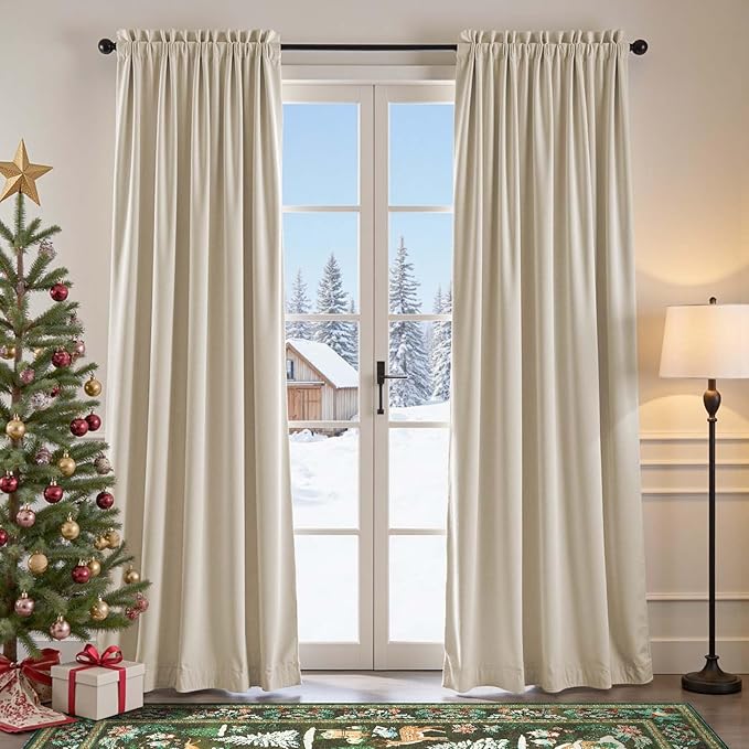 Lazzzy Velvet Blackout Curtains Thermal Insulated Room Window Drapes Super Soft Luxury Curtains for Living Room Bedroom Rod Pocket 2 Panels, Beige, 42" W x 108" L