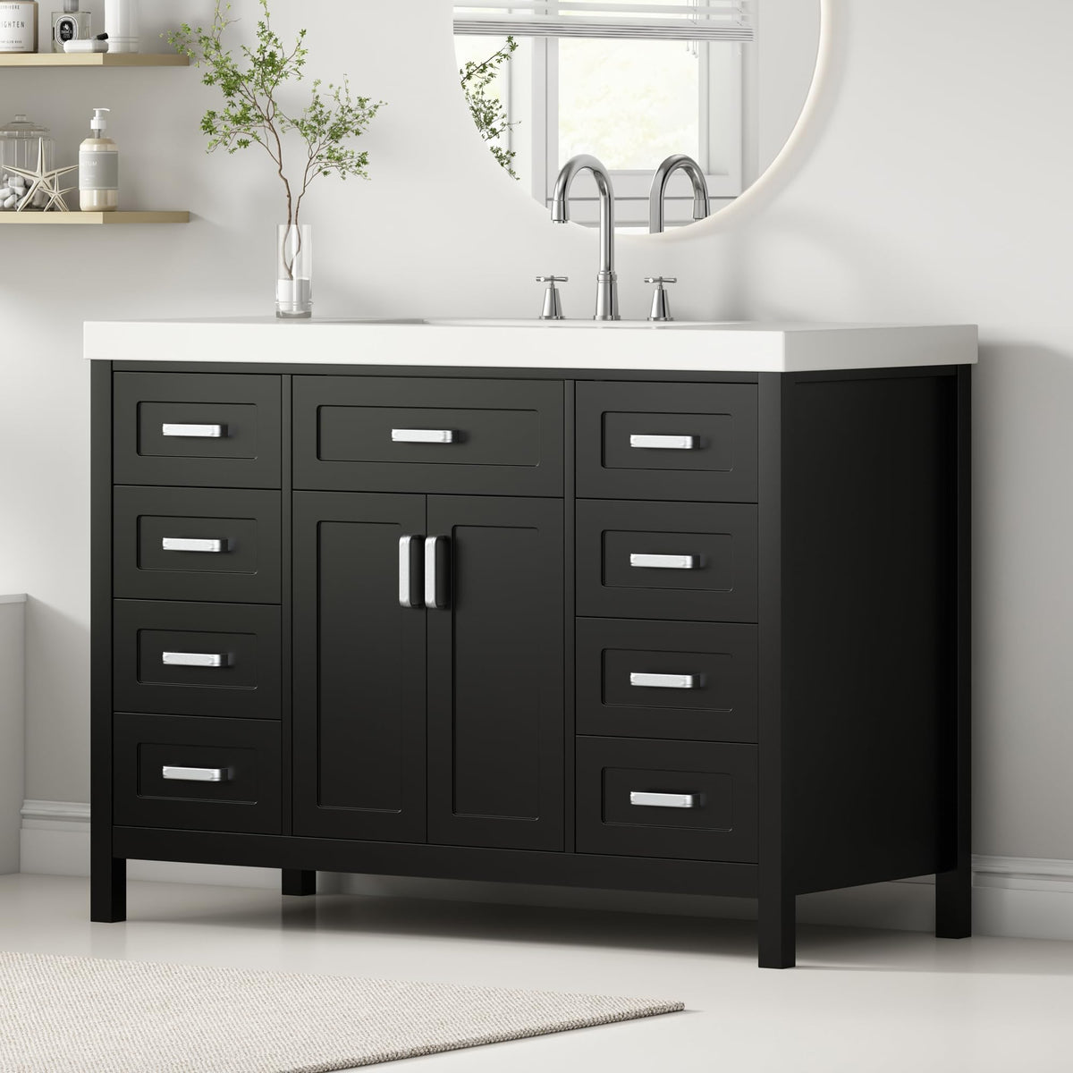 Virubi 48" Bathroom Vanity with Sink, Soft Closing Doors and Drawers, Solid Wood and MDF Bathroom Sink Cabinet with Storage, Freestanding (Black)