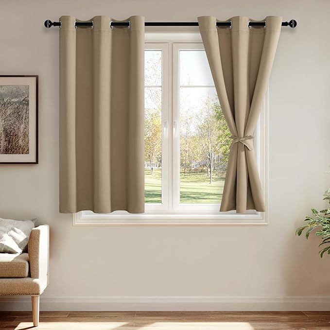 JIUZHEN Blackout Curtains with Tiebacks - Thermal Insulated, Light Blocking and Noise Reducing Grommet Curtains for Bedroom and Living Room, Set of 2 Window Curtain Panels, 42 x 45 Inch Length，Camel