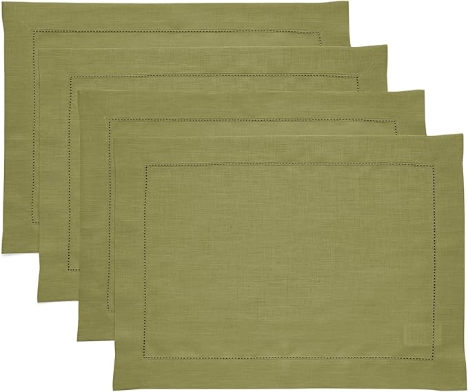 Solino Home Linen Placemats Set of 4 - Classic Hemstitch Avocado Green Placemats 14 x 19 Inch - 100% Pure Linen Table Mats for Winter