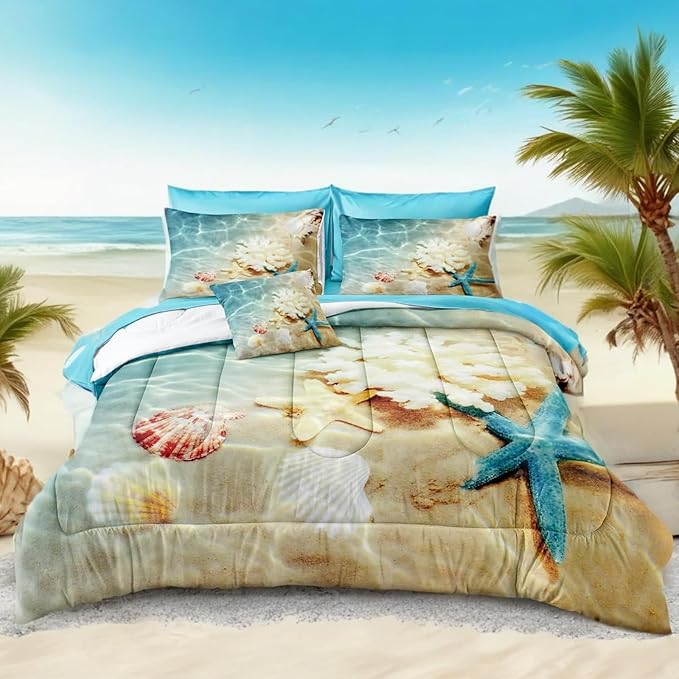 Bedbay Coastal Bedding Full Size Comforter Set with Sheets Beach Comforter Bed Set 8 Pcs Ocean Duvet Set Soft Lightweight Down Alternative Comforter Beach Room Decor for Boys Girls (Ocean,Full)