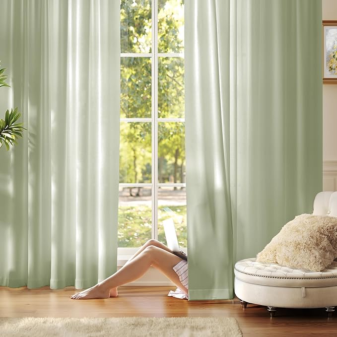 Anmao Non-See-Through Sage Green Privacy Semi Sheer Curtains for Living Room 45 Inch Length 2 Panels Set, Light Filtering That Let Light in Rod Pocket Window Drapes for Bedroom, 52W x 45L, Sage