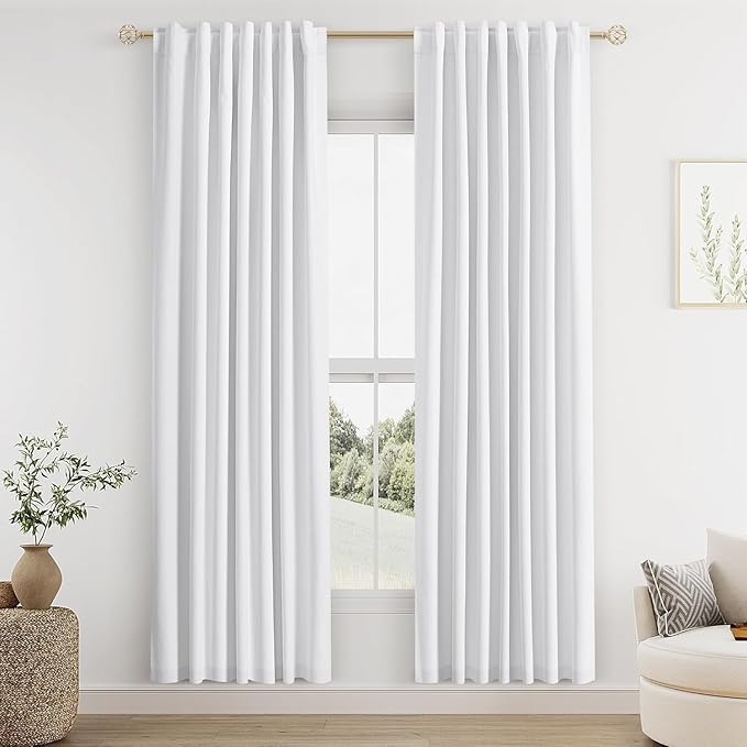 Guken White Linen Blackout Curtains 52 Inch Wide by 82 Inch for Living Room Bedroom Back Tab Thermal Insulated 100% Black Out Linen 2 Drapes Room Darkening Window Curtains Pure White